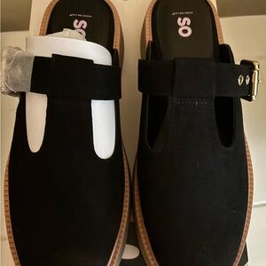 SO Black Suede Mary Jane Mules with Gold Buckle